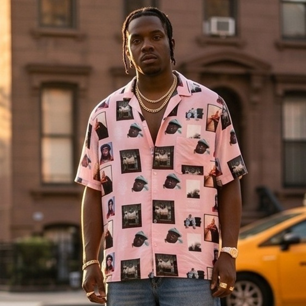 H&M The Notorious B.I.G. Print Pink Short Sleeve Button Up Shirt Men's M Y2K RAP